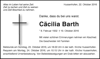 Traueranzeige von Cäcilia Barth von Gmünder Tagespost