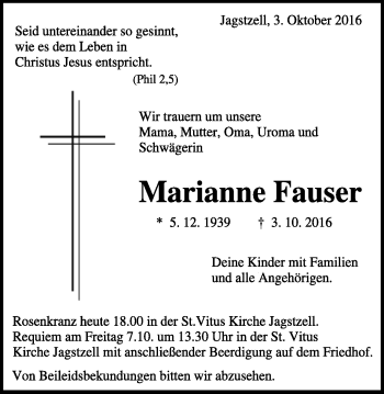 Traueranzeige von Marianne Fauser von Schwäbische Post