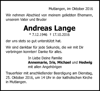 Traueranzeige von Andreas Lange von Gmünder Tagespost