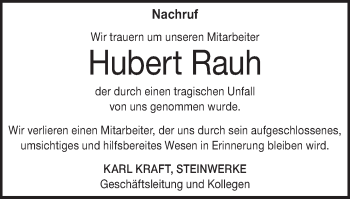 Traueranzeige von Hubert Rauh von Schwäbische Post