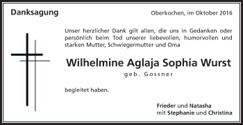 Traueranzeige von Wilhelmine Aglaja Sophia Wurst von Schwäbische Post