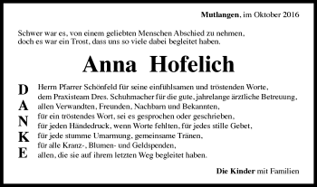 Traueranzeige von Anna Hofelich von Gmünder Tagespost