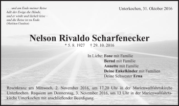 Traueranzeige von Nelson Rivaldo Scharfenecker von Schwäbische Post