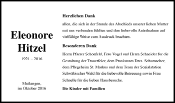 Traueranzeige von Eleonore Hitzel von Gmünder Tagespost