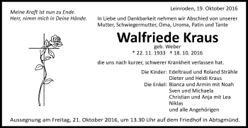 Traueranzeige von Walfriede Kraus von Schwäbische Post
