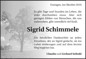 Traueranzeige von Sigrid Schimmele von Schwäbische Post