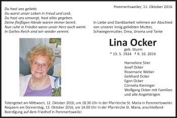 Traueranzeige von Lina Ocker von Schwäbische Post