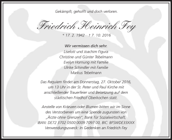 Traueranzeige von Friedrich Heinrich Fey von Schwäbische Post