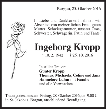 Traueranzeige von Ingeborg Kropp von Gmünder Tagespost