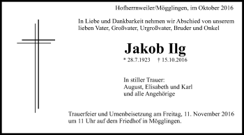Traueranzeige von Jakob Ilg von Schwäbische Post