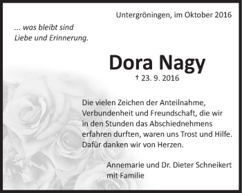 Traueranzeige von Dora Nagy von Kocher-Lein-Bote