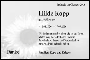 Traueranzeige von Hilde Kopp von Gmünder Tagespost