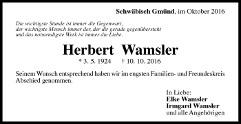 Traueranzeige von Herbert Wamsler von Gmünder Tagespost