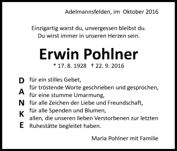 Traueranzeige von Erwin Pohlner von Schwäbische Post