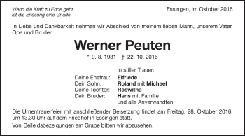 Traueranzeige von Werner Peuten von Schwäbische Post