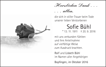 Traueranzeige von Sofie Bühl von Bopfinger Stadtanzeiger