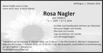 Traueranzeige von Rosa Nagler von Schwäbische Post