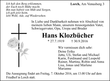 Traueranzeige von Hans Klozbücher von Gmünder Tagespost