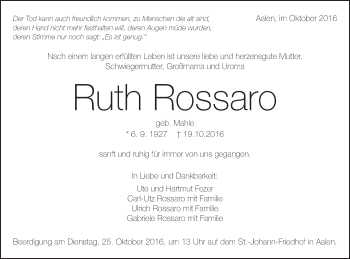 Traueranzeige von Ruth Rossaro von Schwäbische Post