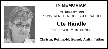 Traueranzeige von Ute Händle von Schwäbische Post