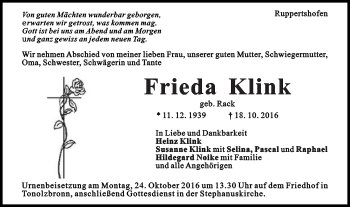 Traueranzeige von Frieda Klink von Gmünder Tagespost