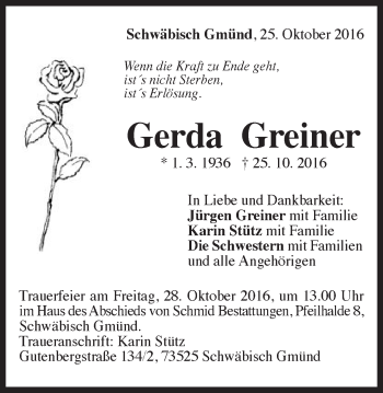 Traueranzeige von Gerda Greiner von Gmünder Tagespost