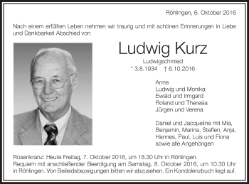 Traueranzeige von Ludwig Kurz von Schwäbische Post