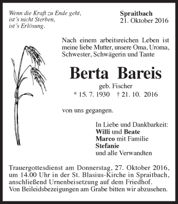 Traueranzeige von Berta Bareis von Gmünder Tagespost