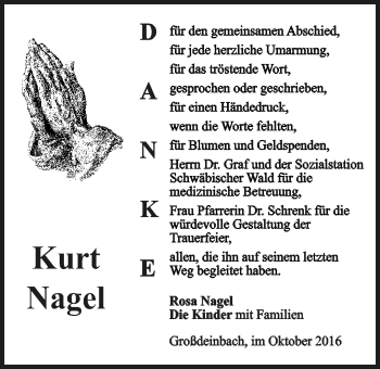 Traueranzeige von Kurt Nagel von Gmünder Tagespost