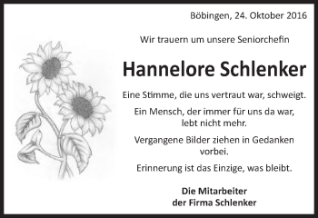 Traueranzeige von Hannelore Schlenker von Gmünder Tagespost