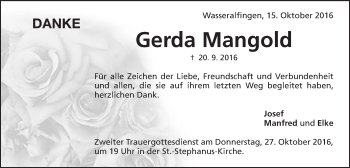 Traueranzeige von Gerda Mangold von Schwäbische Post