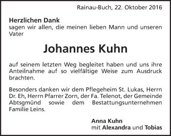 Traueranzeige von Johannes Kuhn von Schwäbische Post