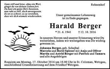 Traueranzeige von Harald Berger von Gmünder Tagespost