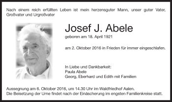 Traueranzeige von Josef J. Abele von Schwäbische Post