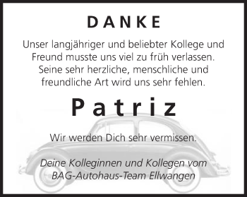 Traueranzeige von Patriz  von Schwäbische Post