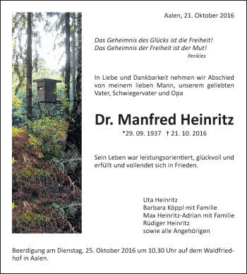 Traueranzeige von Manfred Heinritz von Schwäbische Post