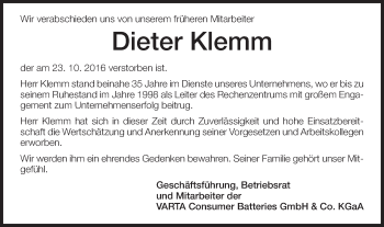 Traueranzeige von Dieter Klemm von Schwäbische Post