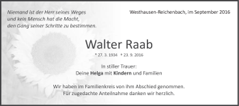 Traueranzeige von Walter Raab von Schwäbische Post