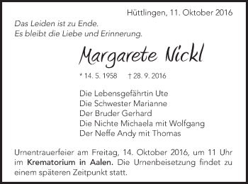Traueranzeige von Margarete Nickl von Schwäbische Post