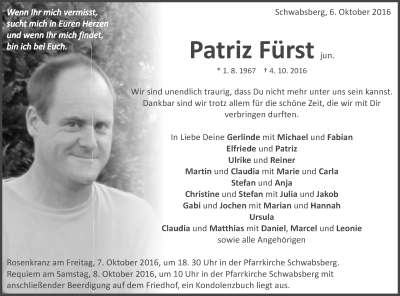  Traueranzeige für Patriz Fürst vom 06.10.2016 aus Schwäbische Post