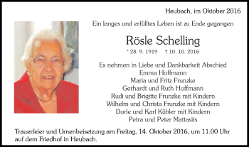Traueranzeige von Rösle Schelling von Gmünder Tagespost
