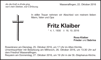 Traueranzeige von Fritz Klaiber von Schwäbische Post