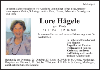 Traueranzeige von Lore Hägele von Gmünder Tagespost