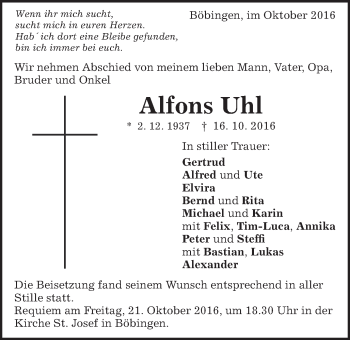 Traueranzeige von Alfons Uhl von Schwäbische Post