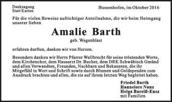 Traueranzeige von Amalie Barth von Gmünder Tagespost