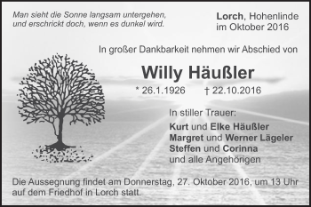 Traueranzeige von Willy Häußler von Gmünder Tagespost