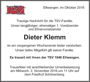 Traueranzeige von Dieter Klemm von Schwäbische Post