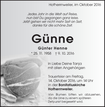 Traueranzeige von Günter Henne von Schwäbische Post