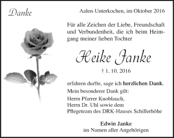 Traueranzeige von Heike Janke von Schwäbische Post