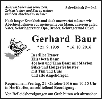 Traueranzeige von Gerhard Baur von Gmünder Tagespost